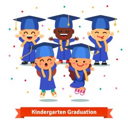 Kindergarten graduation party. Kids in mortar boards and gowns jumping and having fun. Flat style cartoon vector illustration isolated on white background.