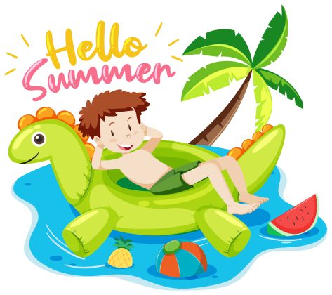 Hello Summer font with a boy and beach items isolated illustration